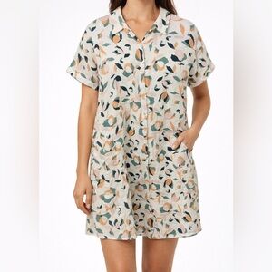 Rachel Zoe 100% Linen Button Front Shirt Dress Abstract Print Short Sleeve XL